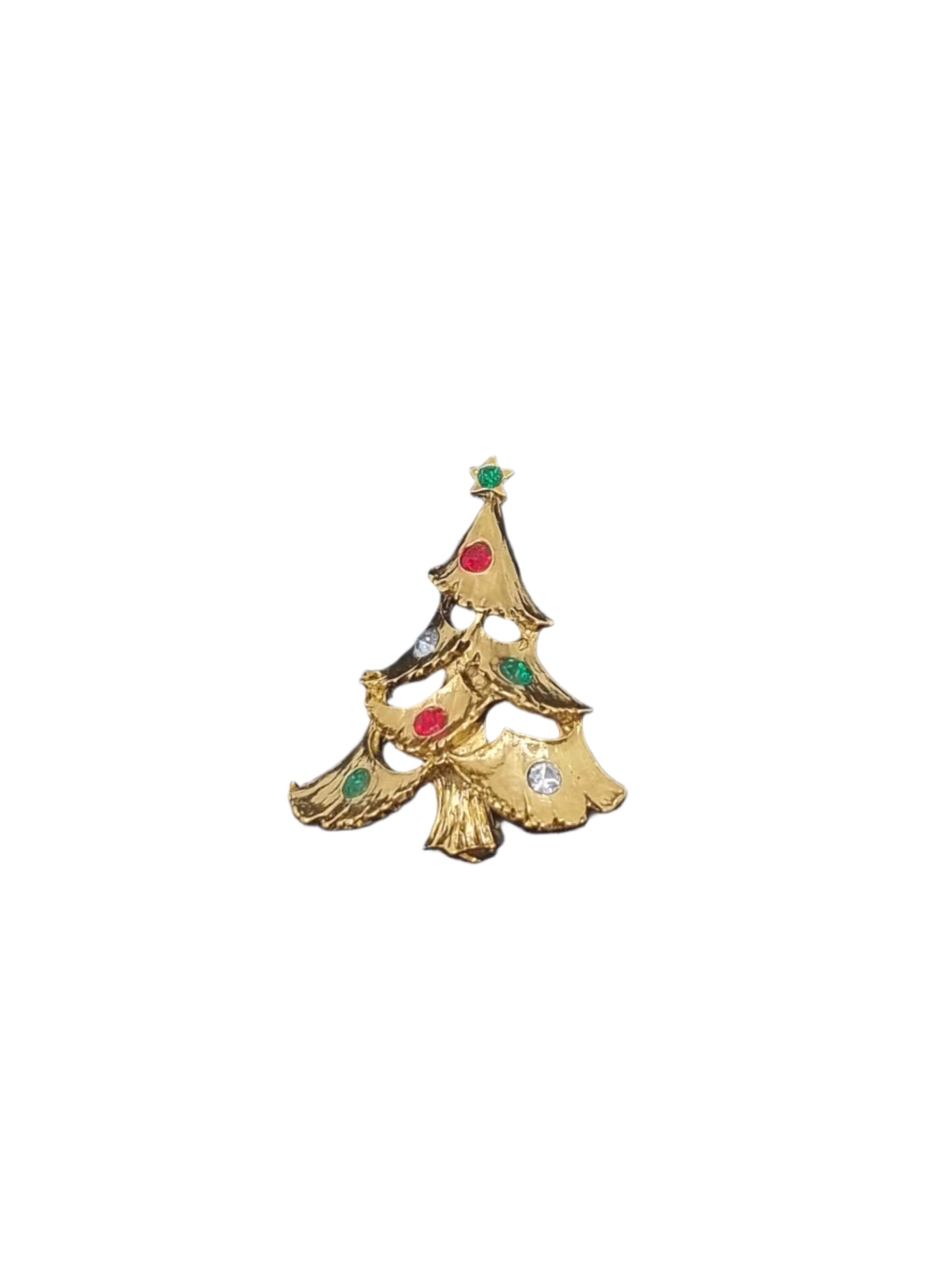 European Glass Christmas ornament of a Gold Tree Red & Green Crystal Baubles with Green Star| Brooch IV