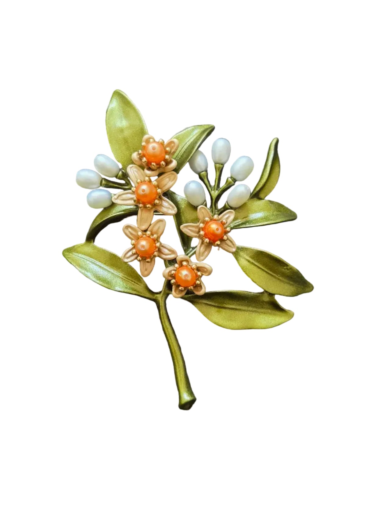 A vintage-style floral brooch featuring gold-tone metal leaves and branches with orange enamel flower centers and small white pearl-like buds.