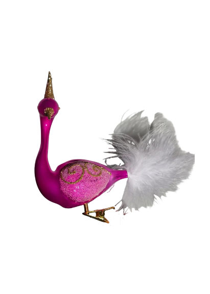 A decorative bird figurine in bright magenta pink with gold glitter swirls, a gold beak, and a fluffy white tail, shown on a plain white background.