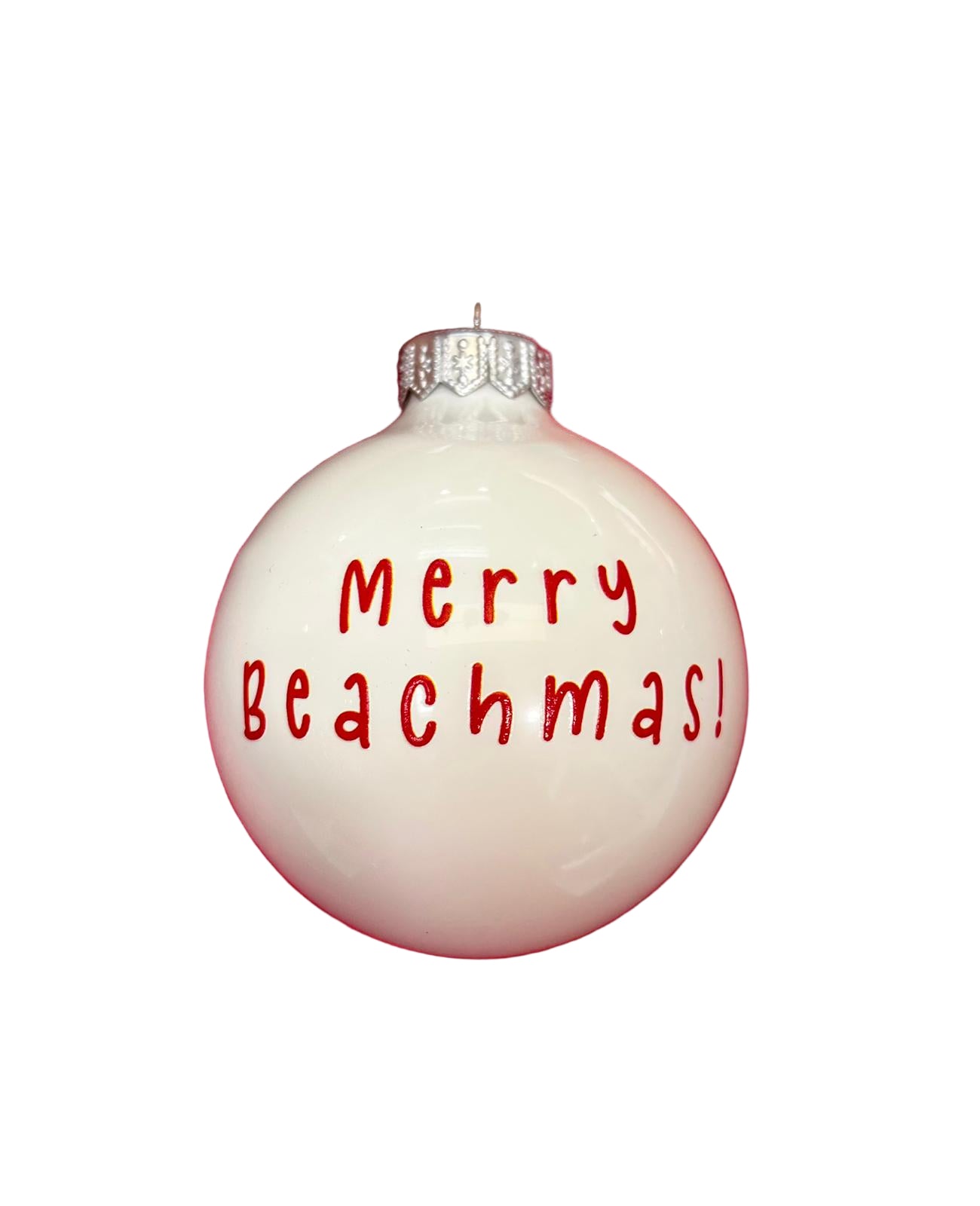 White ornament with 'Merry Beachmas!' text