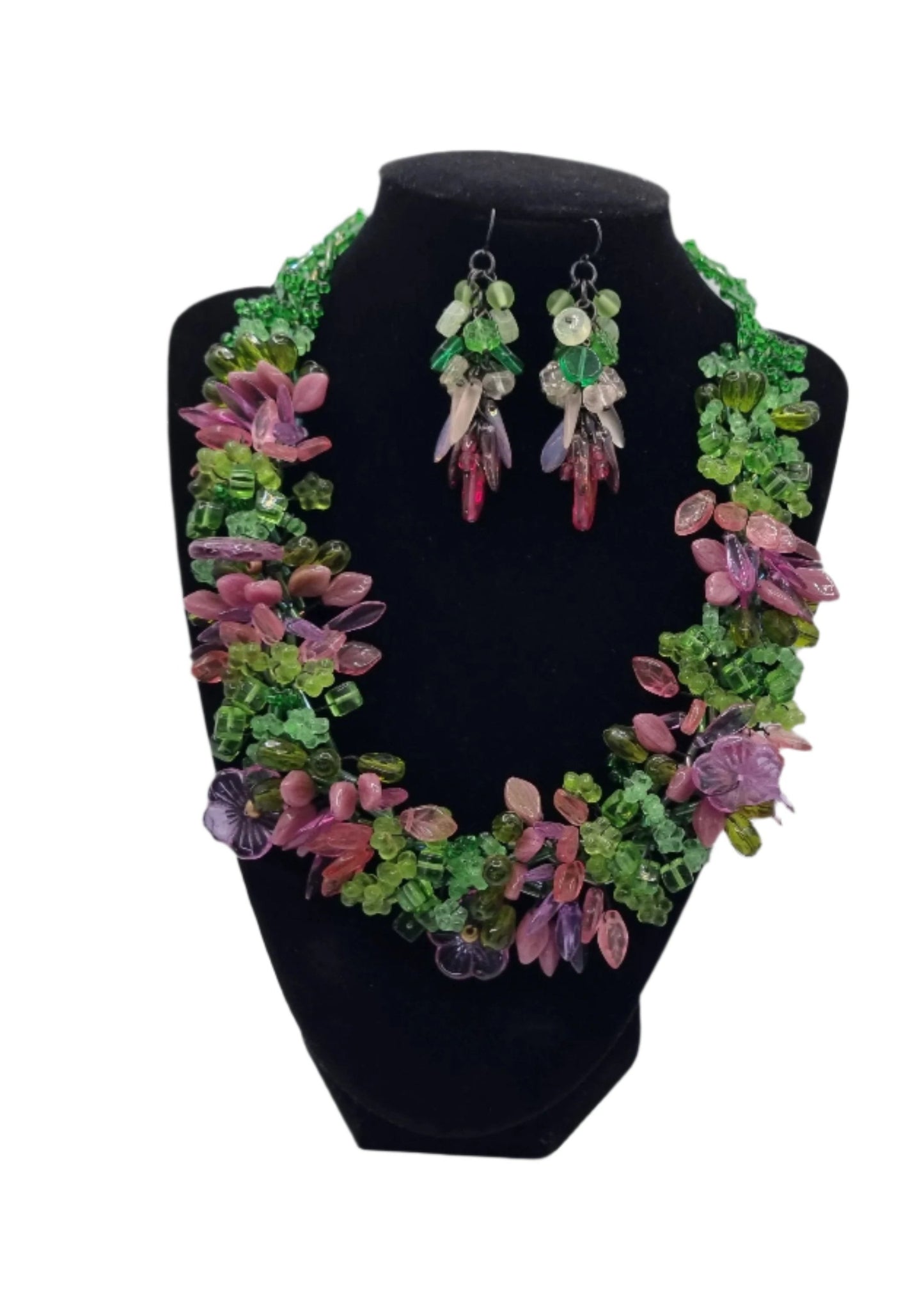 European Glass Christmas ornament of a Pink & Green Crystal Necklace with Earrings