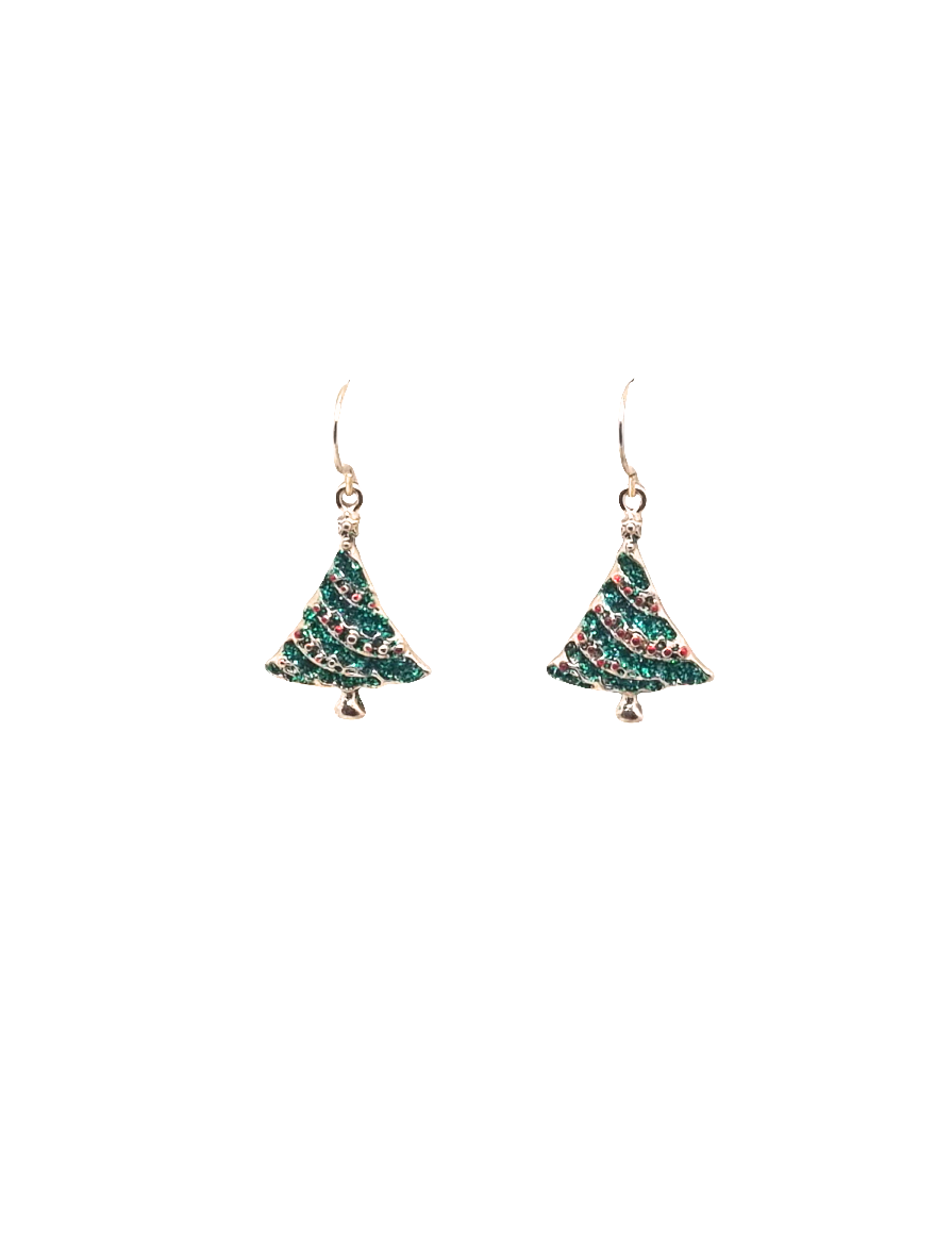 European Glass Christmas ornament of a Small Sparkle Green Tree Red Tinsel | Earrings