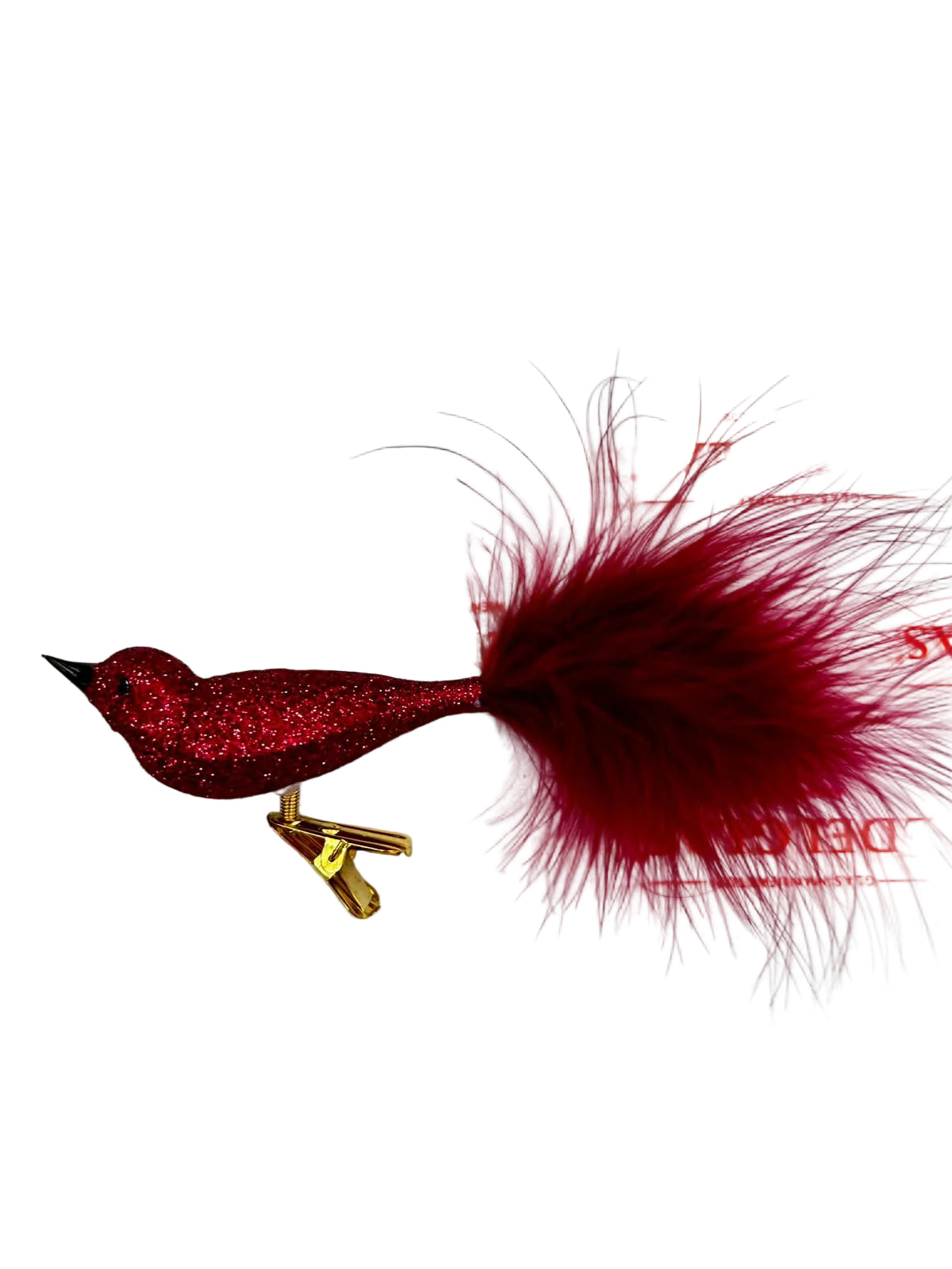 Red glittery bird-shaped christmas ornament with feathers