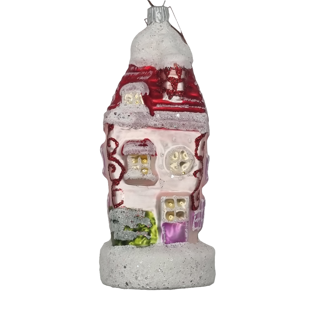 European Glass Christmas ornament of a House Tall Pink (P)