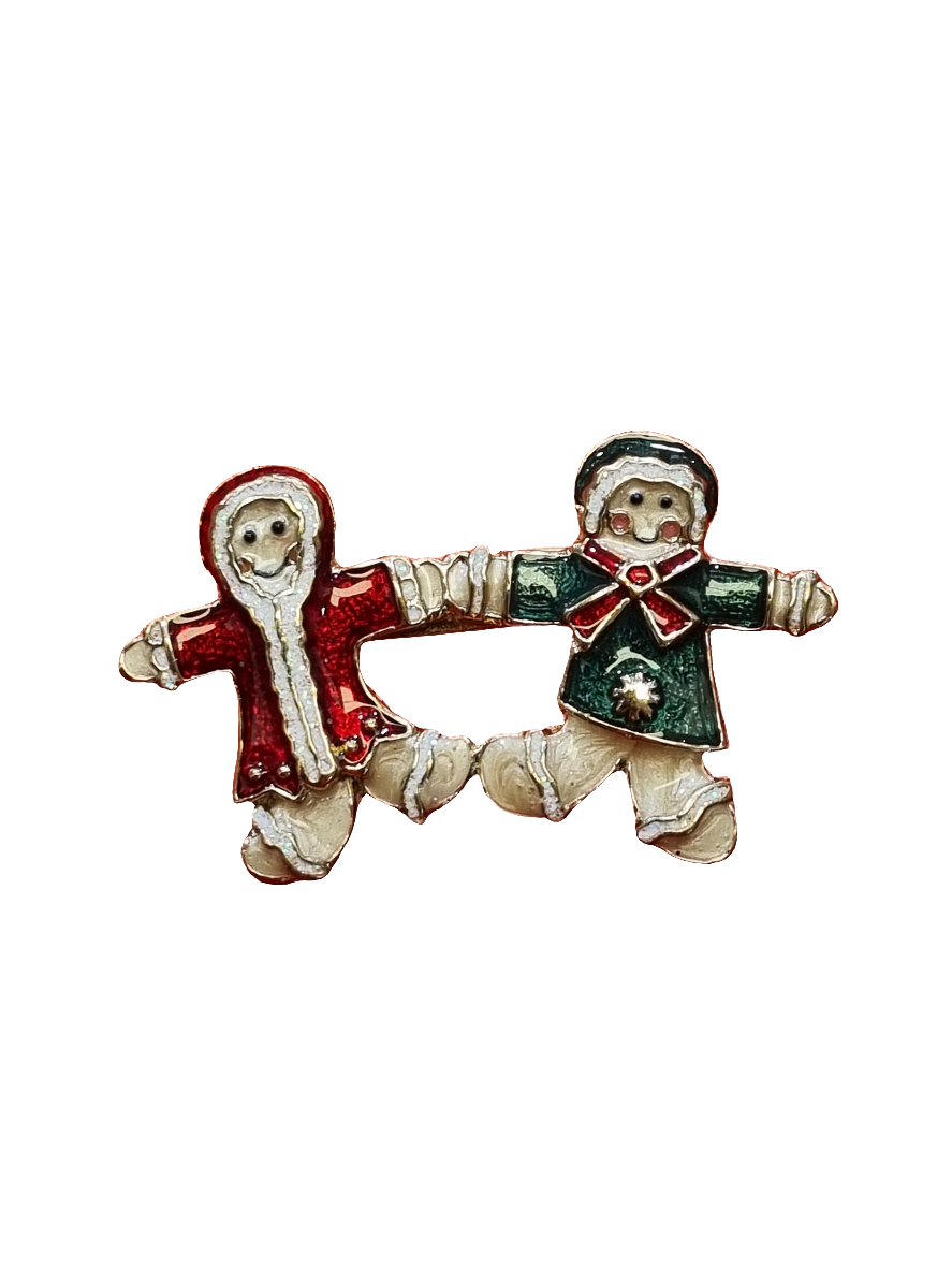 European Glass Christmas ornament of a Gingerbread Men in Jackets | Brooch V