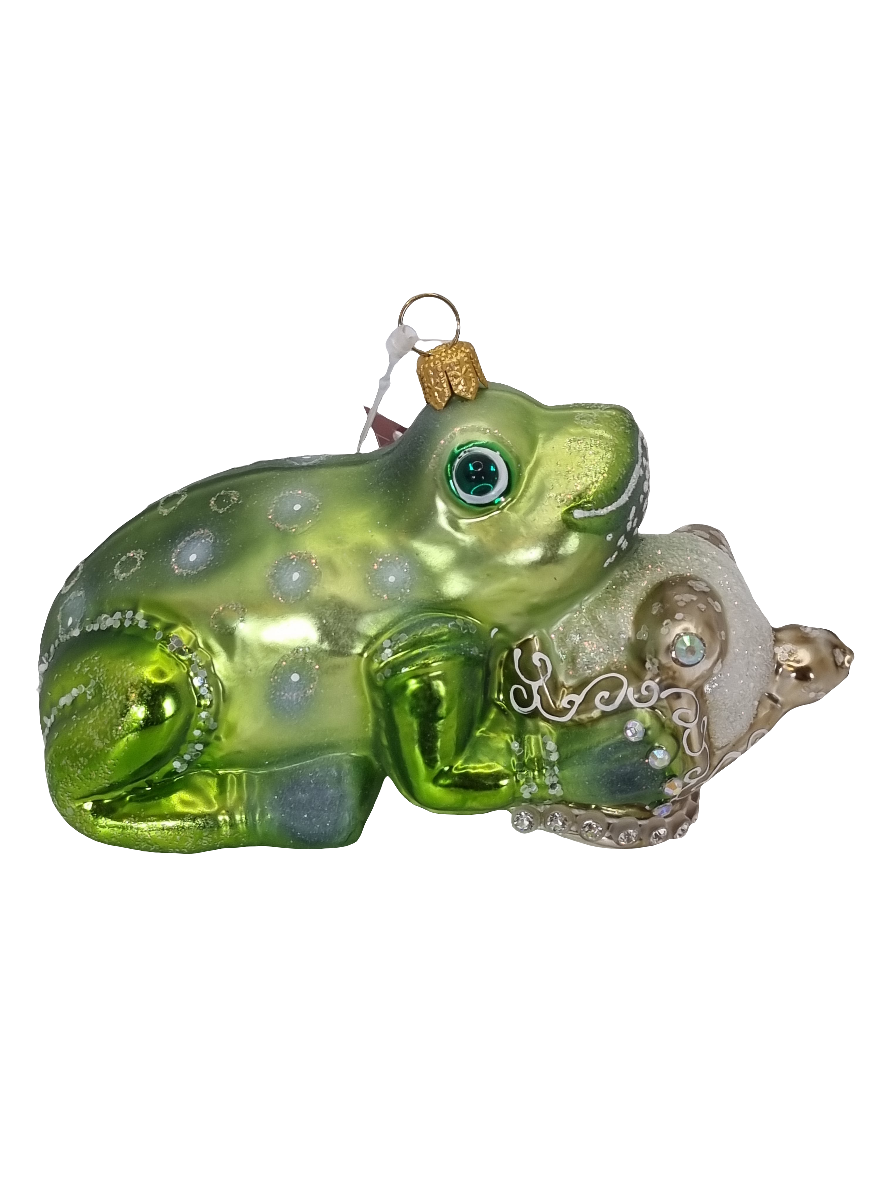 European Glass Christmas ornament of a Frog with crown large (U)