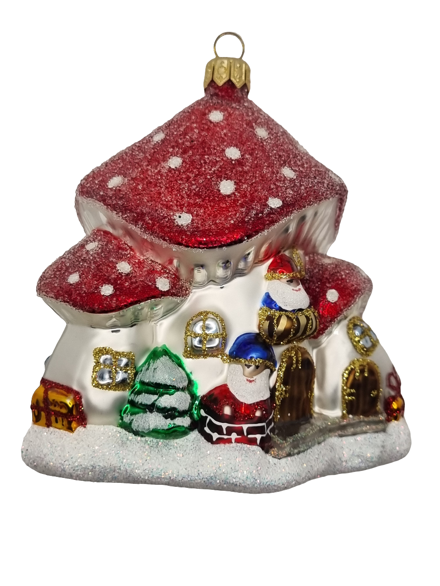 European Glass Christmas ornament of a Mushroom Cottage (W)