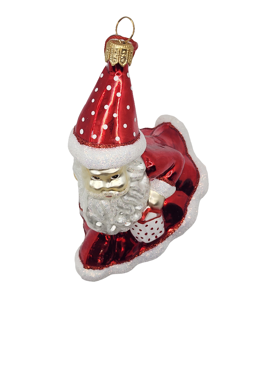 European Glass Christmas ornament of a Santa walking striding lantern candy cane (S)