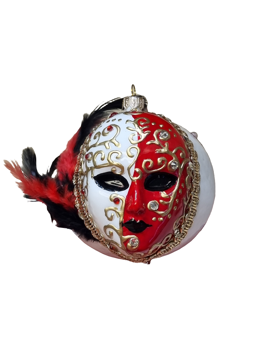 European Glass Christmas ornament of a Venetian Mask Bauble with Feathers (W)