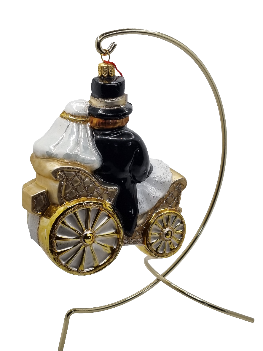 European Glass Christmas ornament of a Bridal Couple In Wedding Carriage (Z)