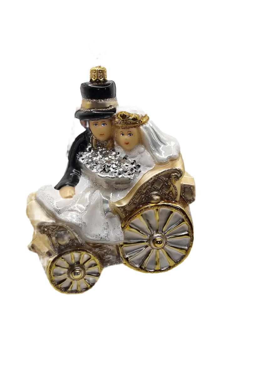 European Glass Christmas ornament of a Bridal Couple In Wedding Carriage (Z)