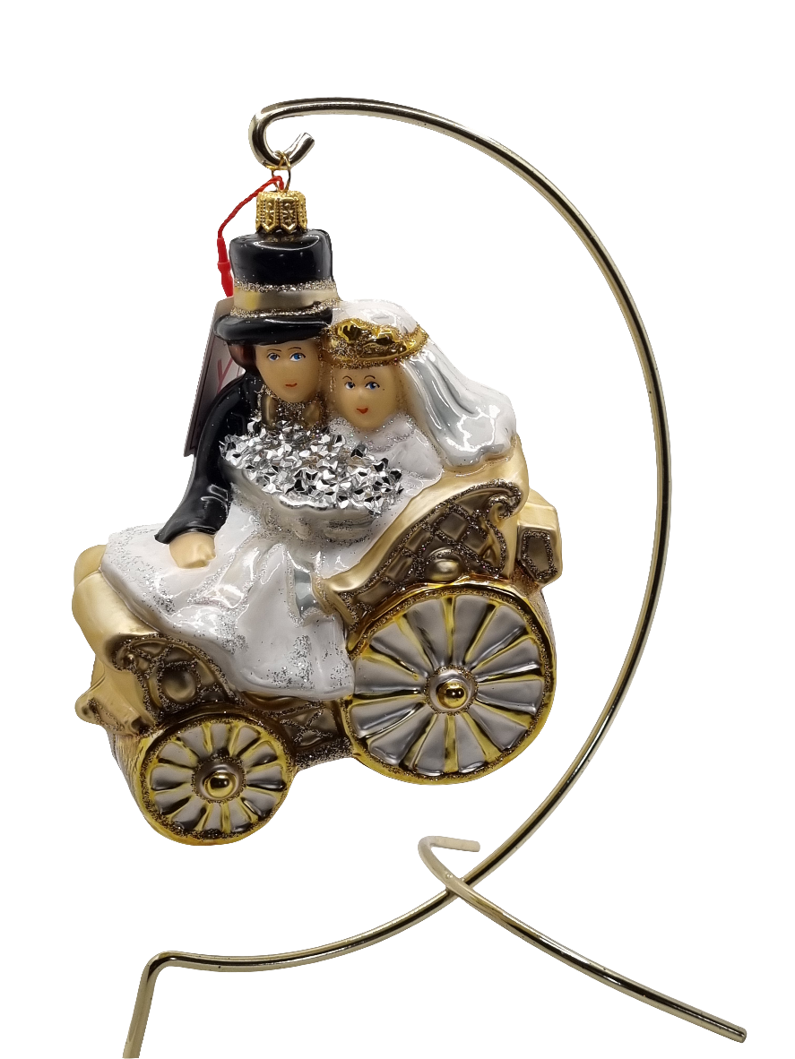 European Glass Christmas ornament of a Bridal Couple In Wedding Carriage (Z)