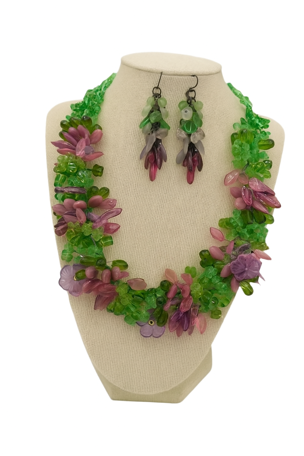 European Glass Christmas ornament of a Pink & Green Crystal Necklace with Earrings