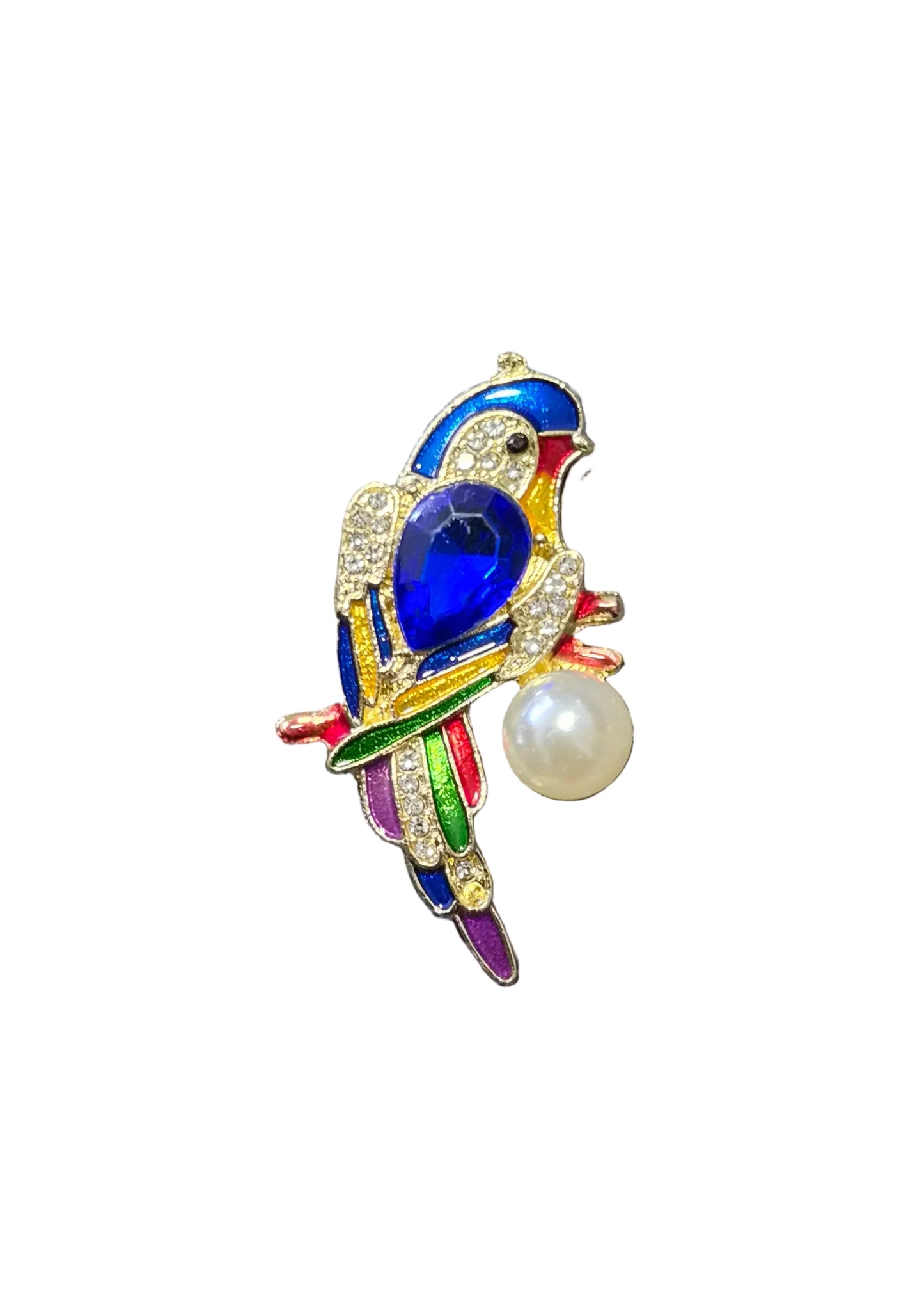 A colorful bird-shaped brooch with a blue enamel body, gold-tone metal outlines, rhinestone accents, and a white pearl
