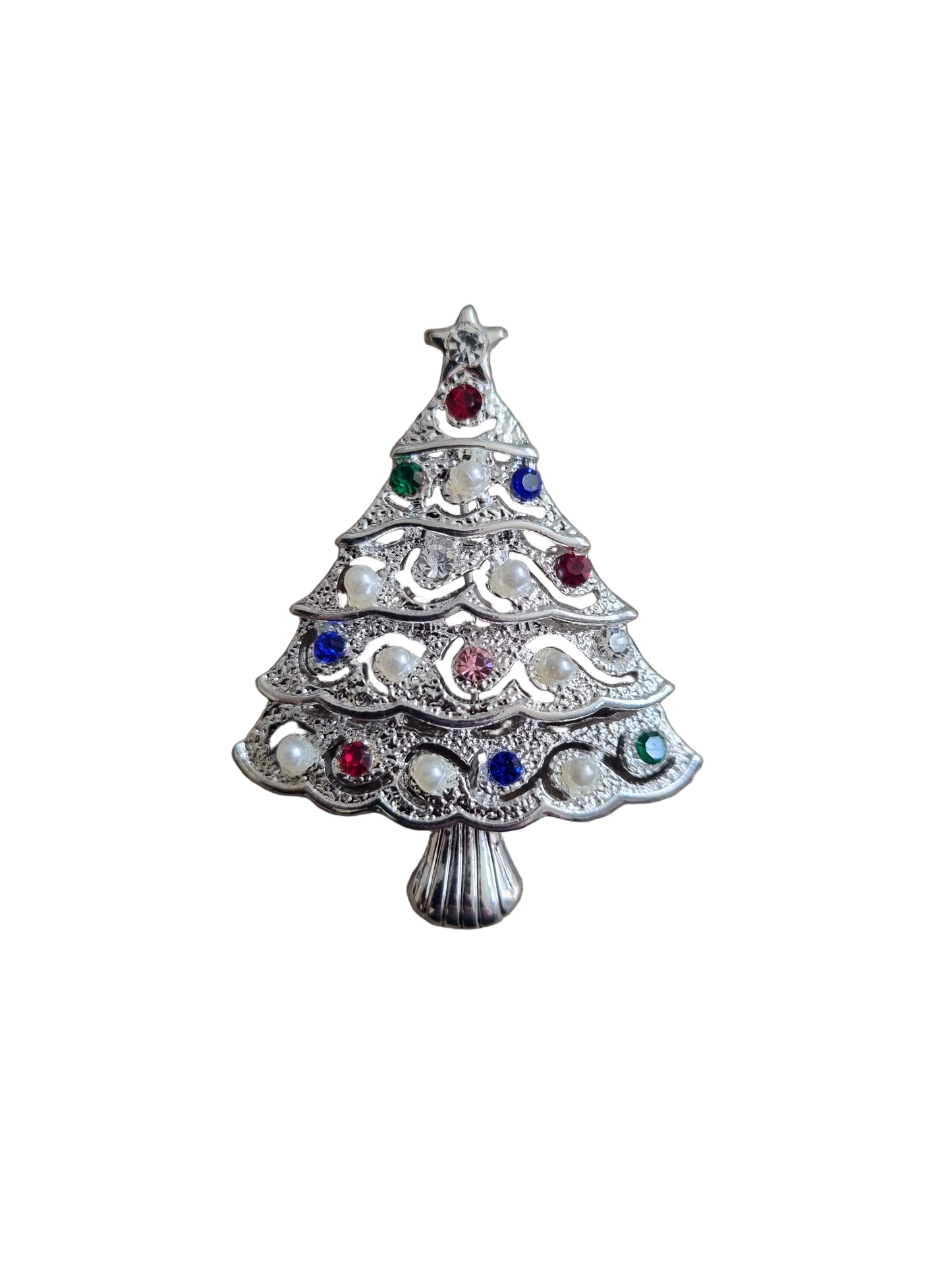 Brass & European preciosa crystal Christmas tree brooch from Jablonec with wavy gold branches and colourful crystal baubles and star in silver