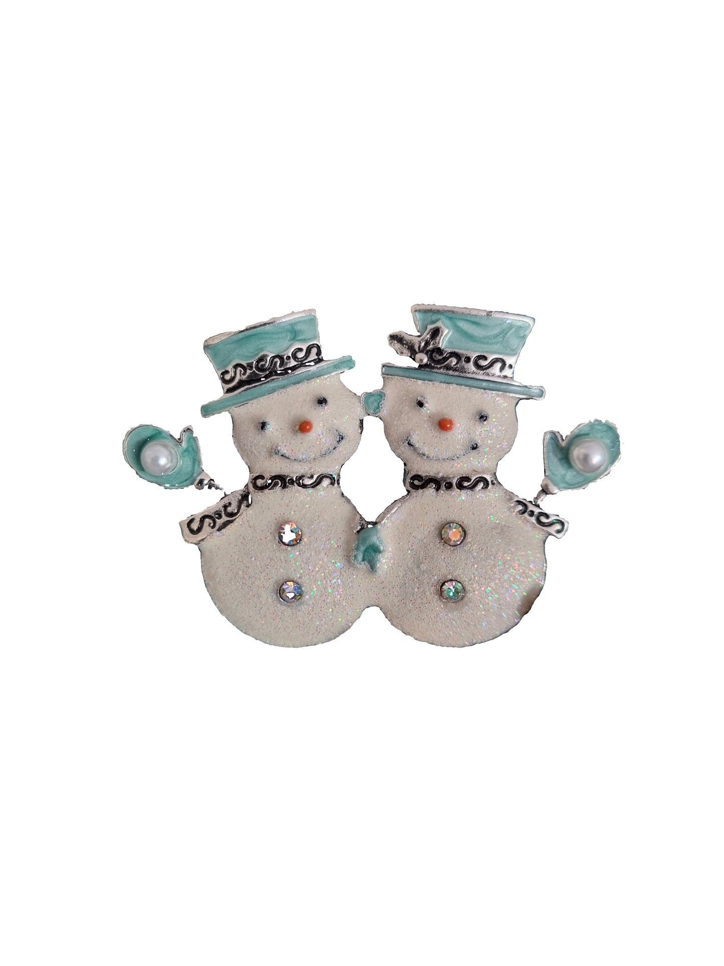 Double sparkly snowman brooch with blue hats and mittens from Jablonec featuring european preciosa crystals