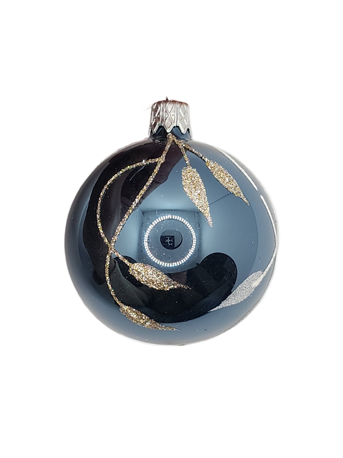 Decorative blue object with gold leaf patterns on a white background