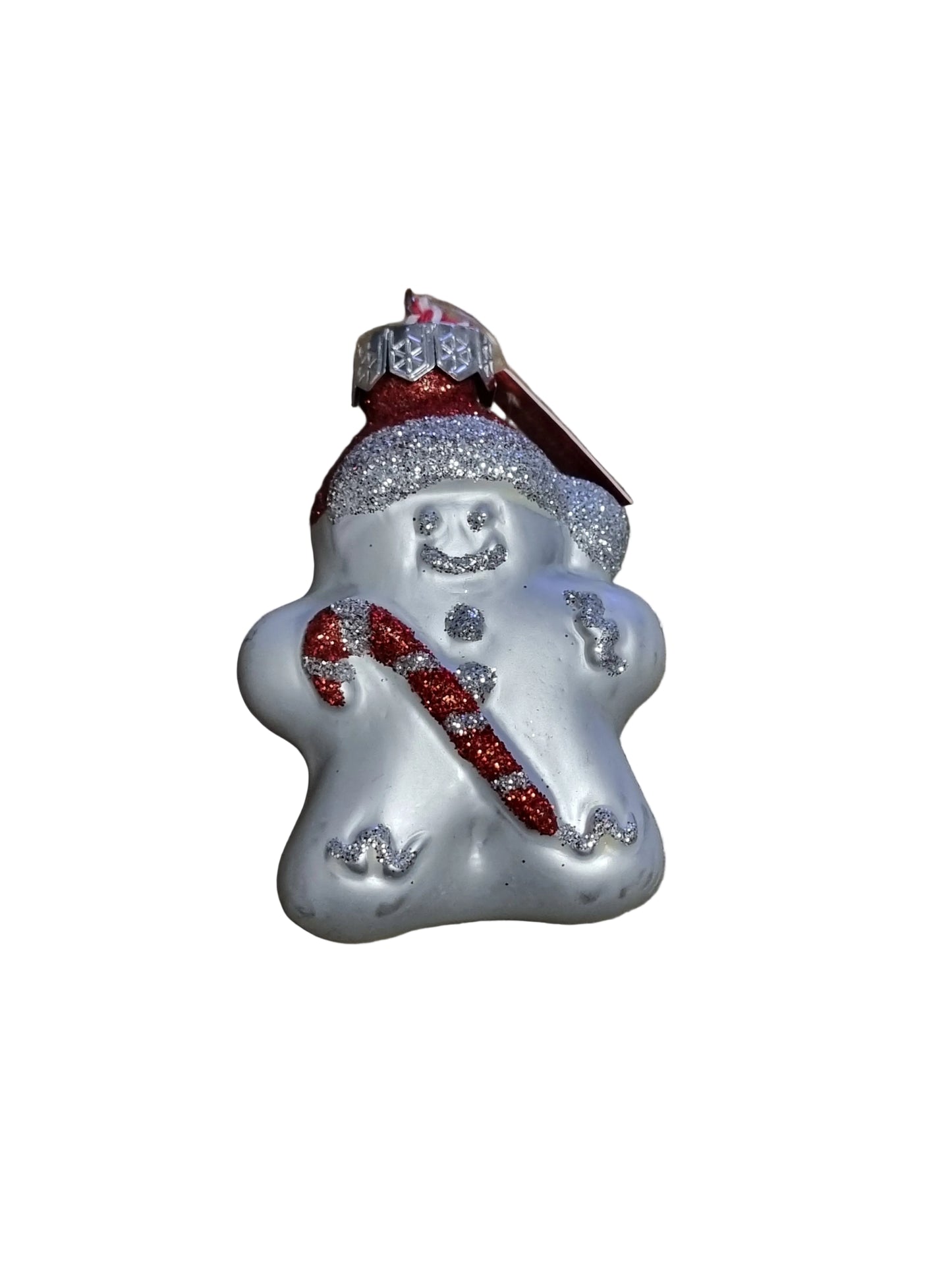 Decorative snowman ornament with red scarf and hat