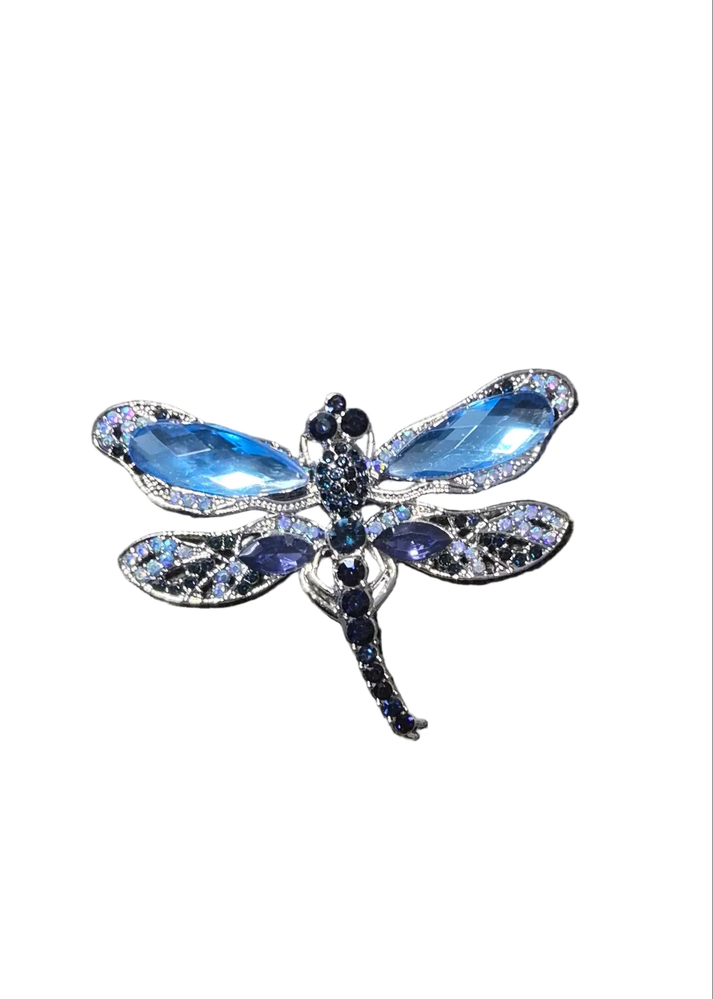 A dragonfly-shaped brooch with light blue and dark blue rhinestone wings and body.