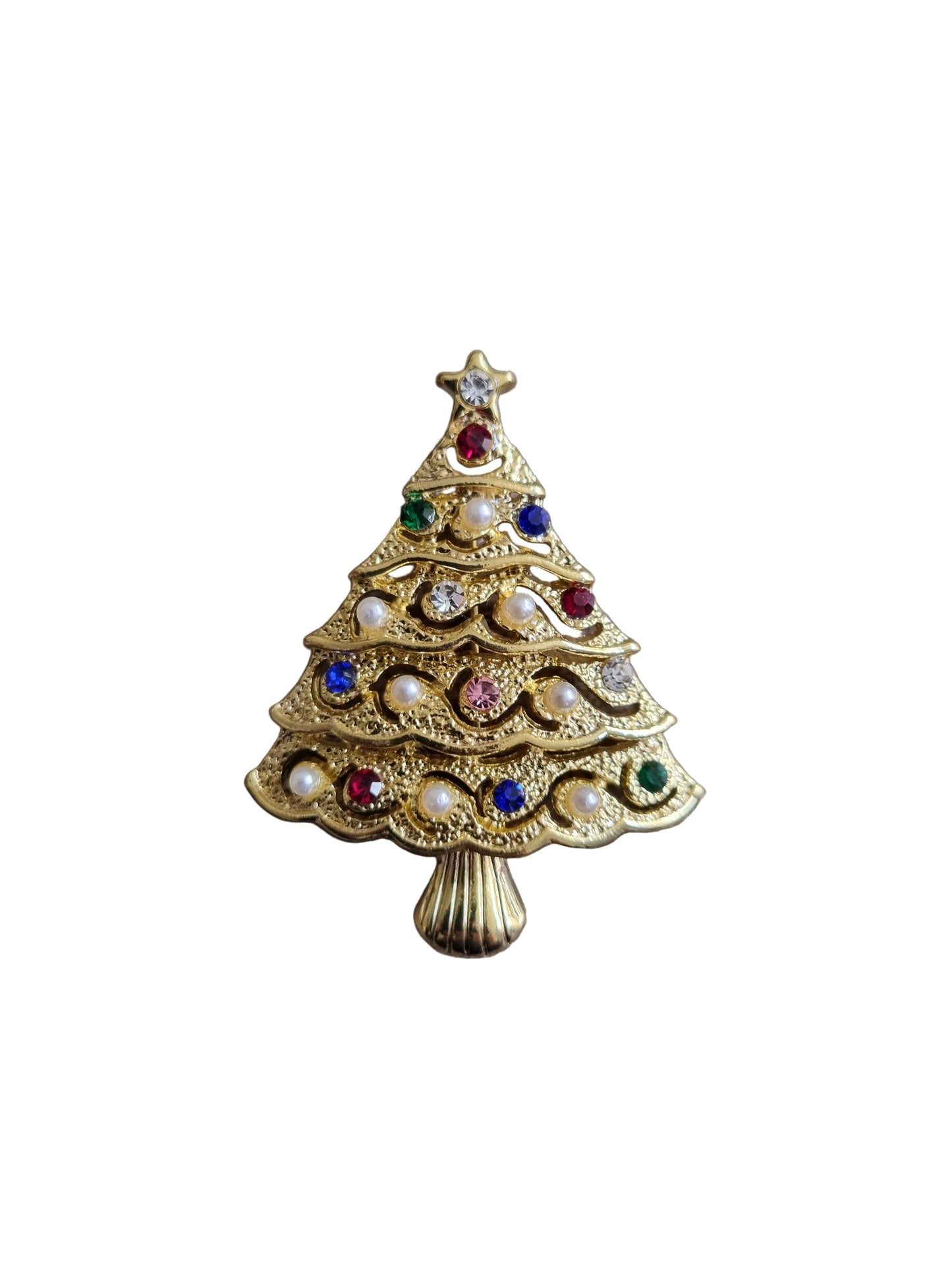 Brass & European preciosa crystal Christmas tree brooch from Jablonec with wavy gold branches and colourful crystal baubles and star in gold