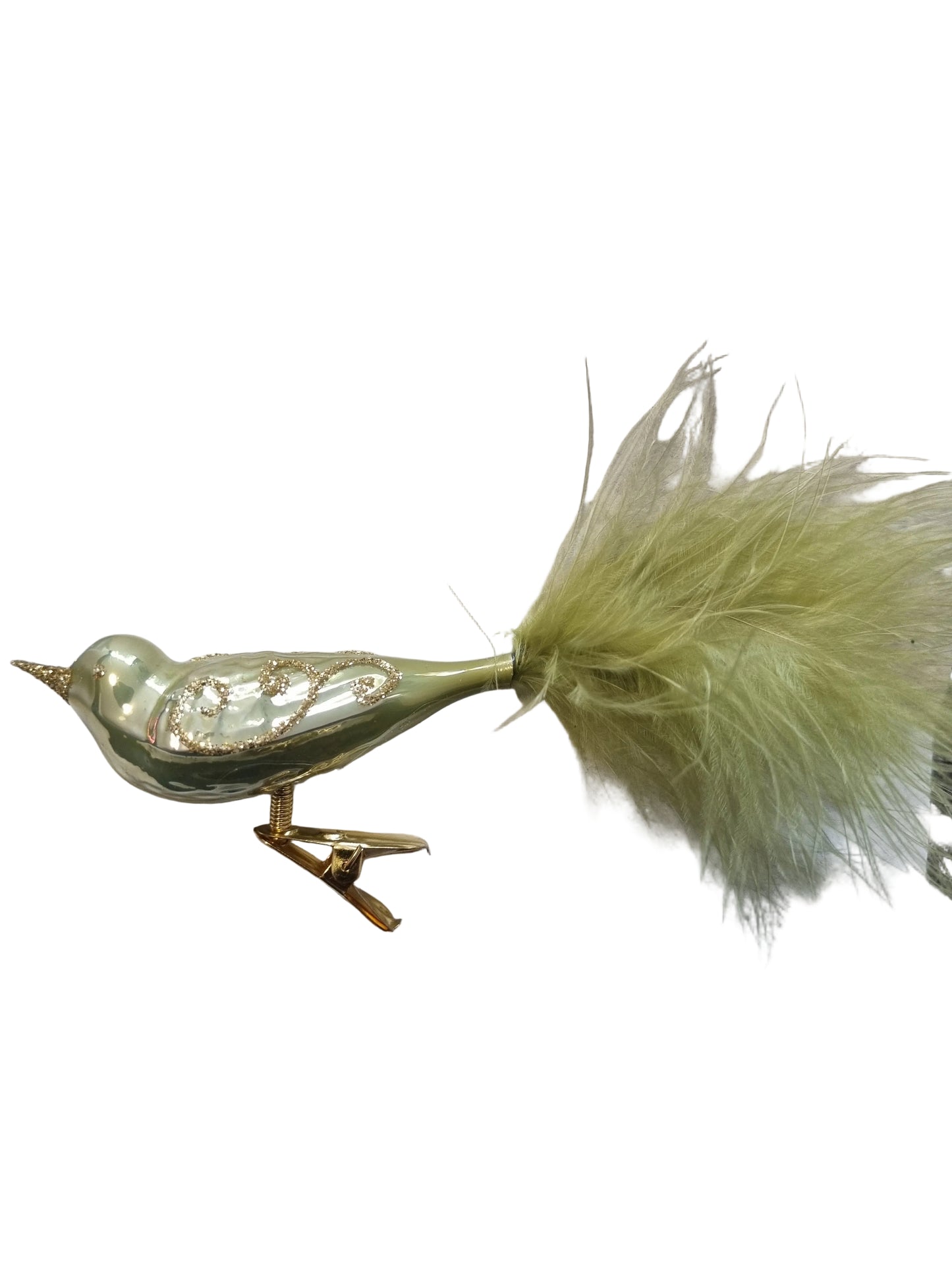 Decorative christmas ornament bird with green feather