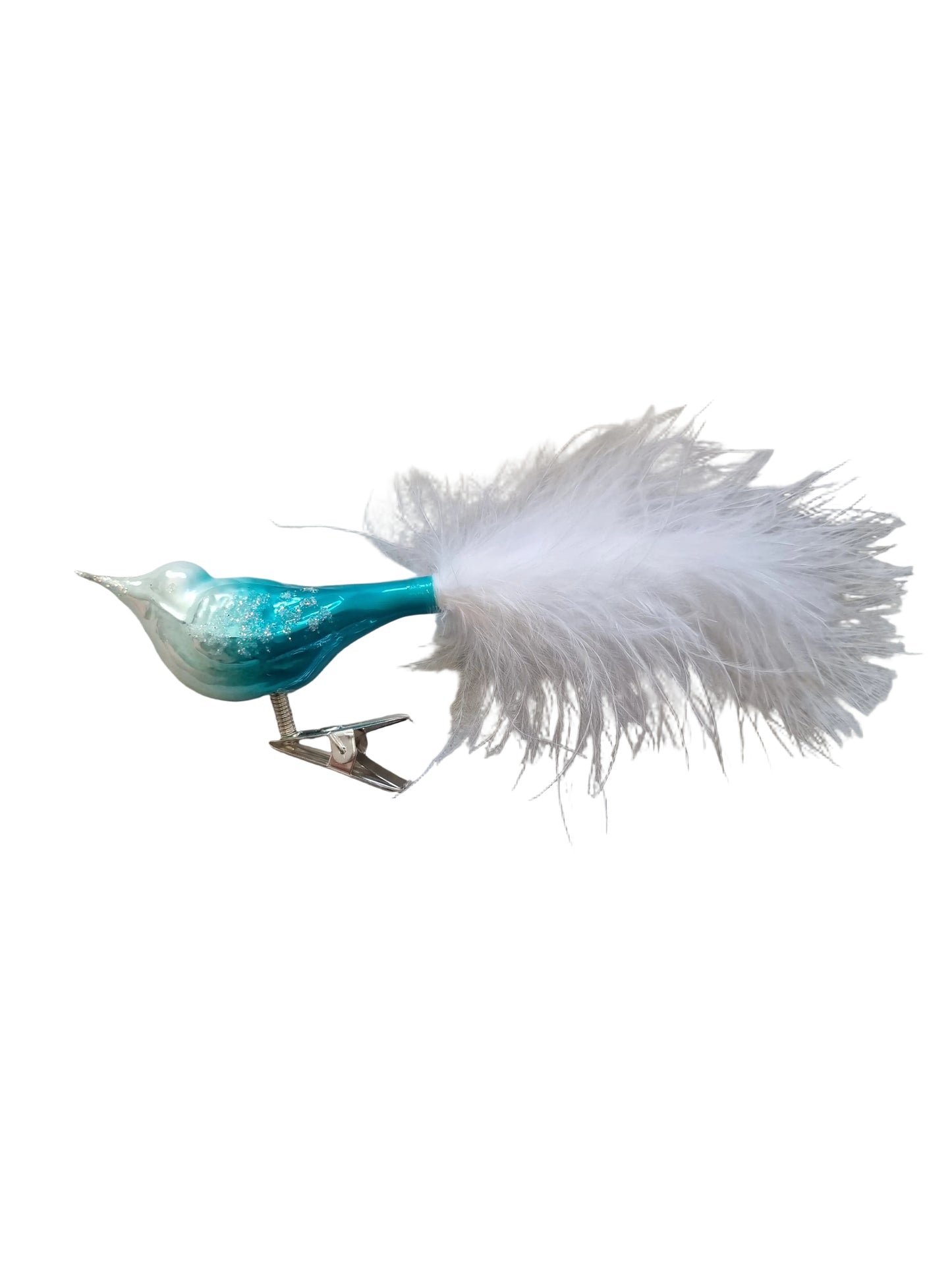 Colorful bird-shaped glass Christmas ornament on a clip