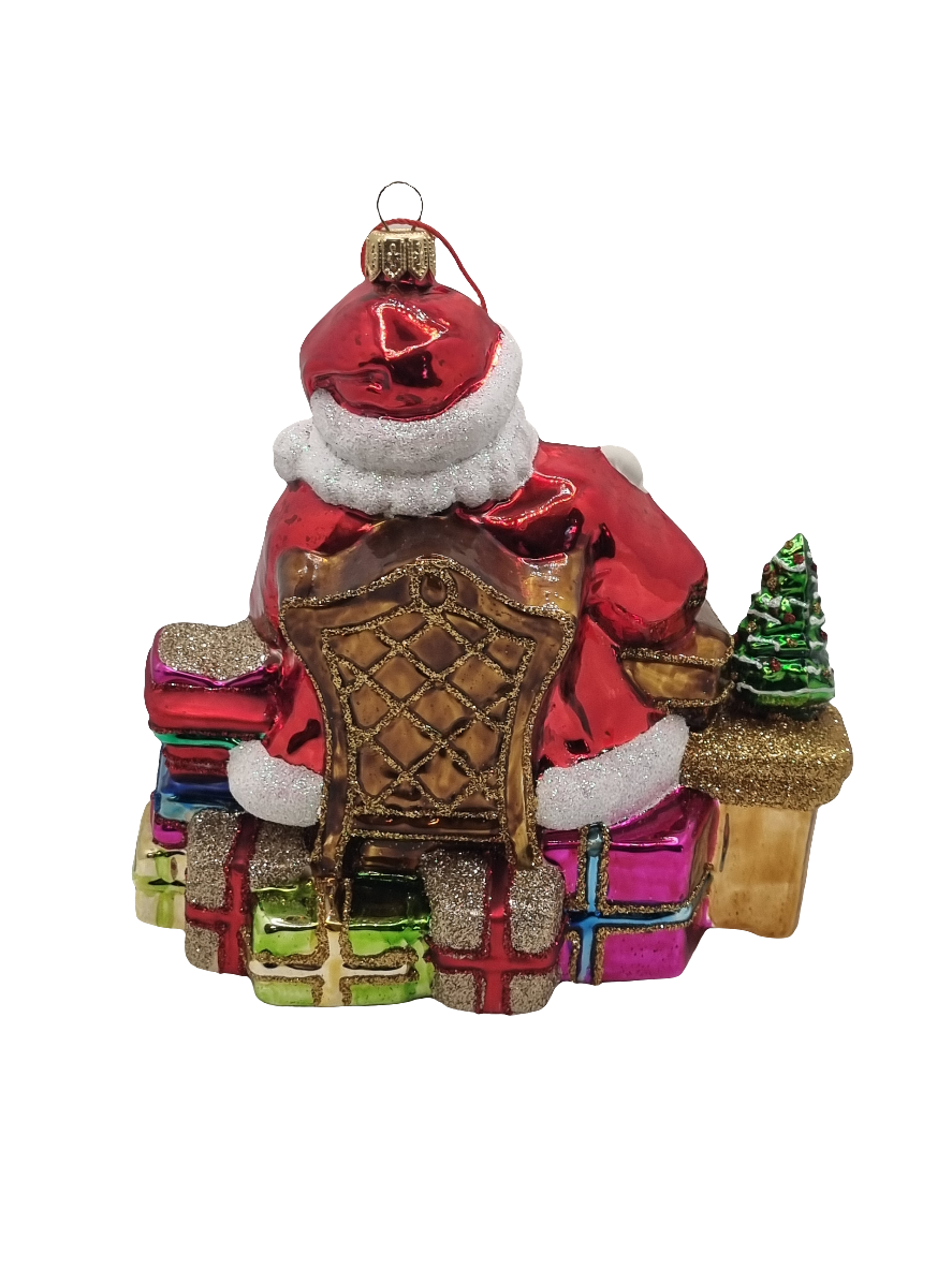 European Glass Christmas ornament of a Santa | Desk with Naughty or Nice List and Presents (Z)