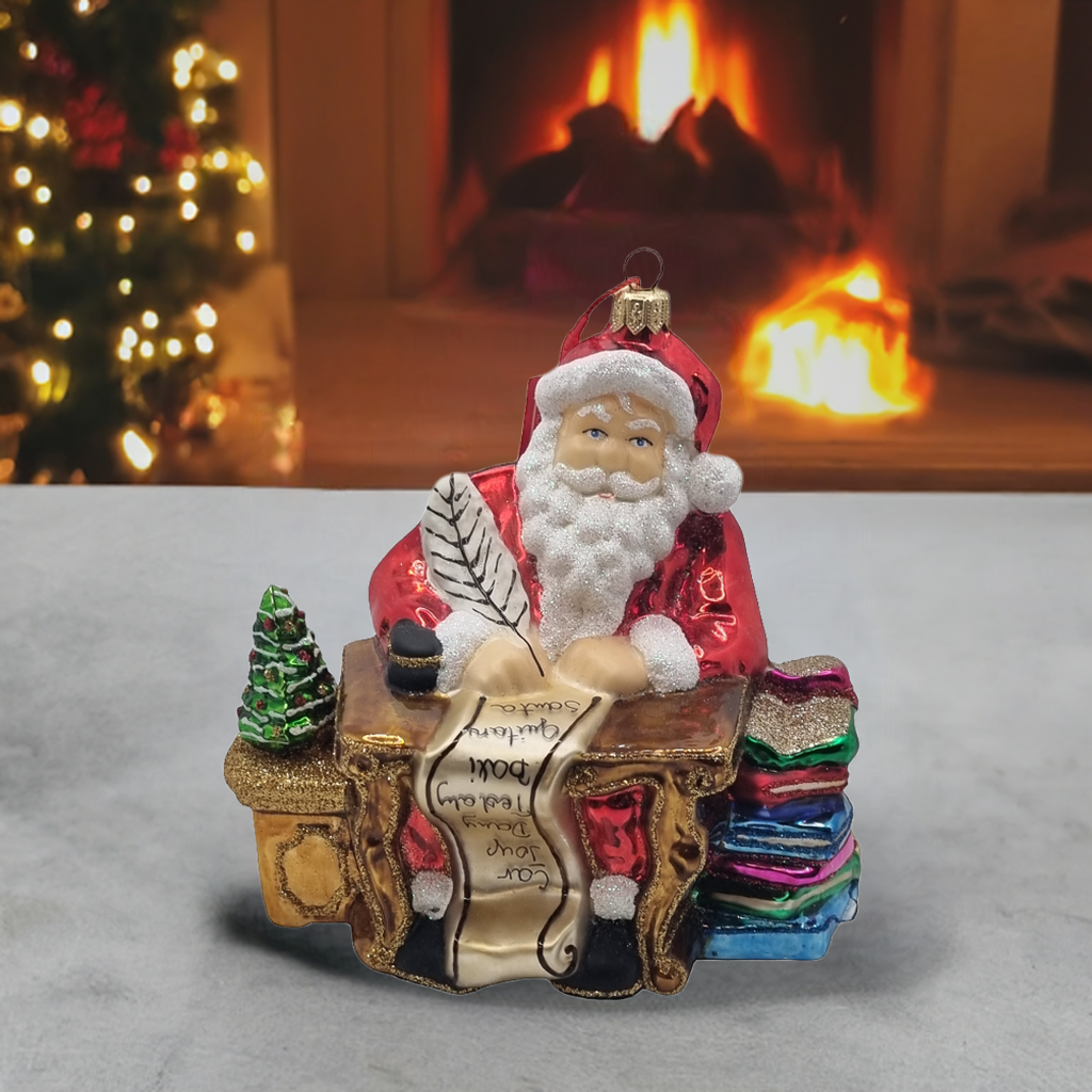 European Glass Christmas ornament of a Santa | Desk with Naughty or Nice List and Presents (Z)