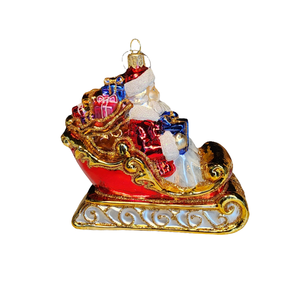 European Glass Christmas ornament of a Santa | in Sleigh with Presents (Z)