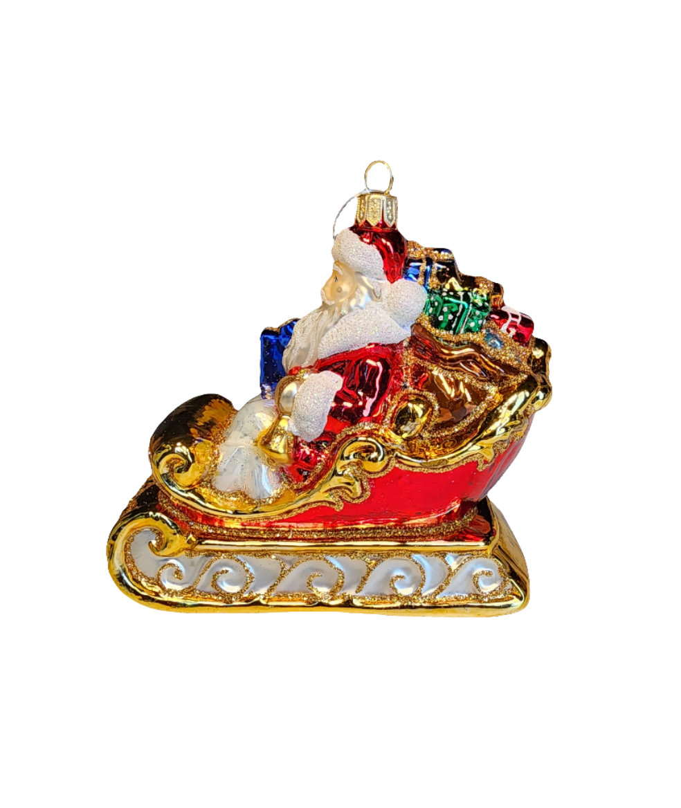 European Glass Christmas ornament of a Santa | in Sleigh with Presents (Z)
