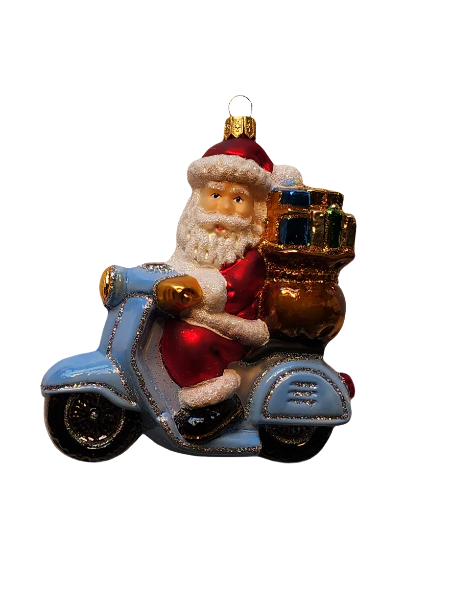European Glass Christmas ornament of a Santa | on Vespa (Y)