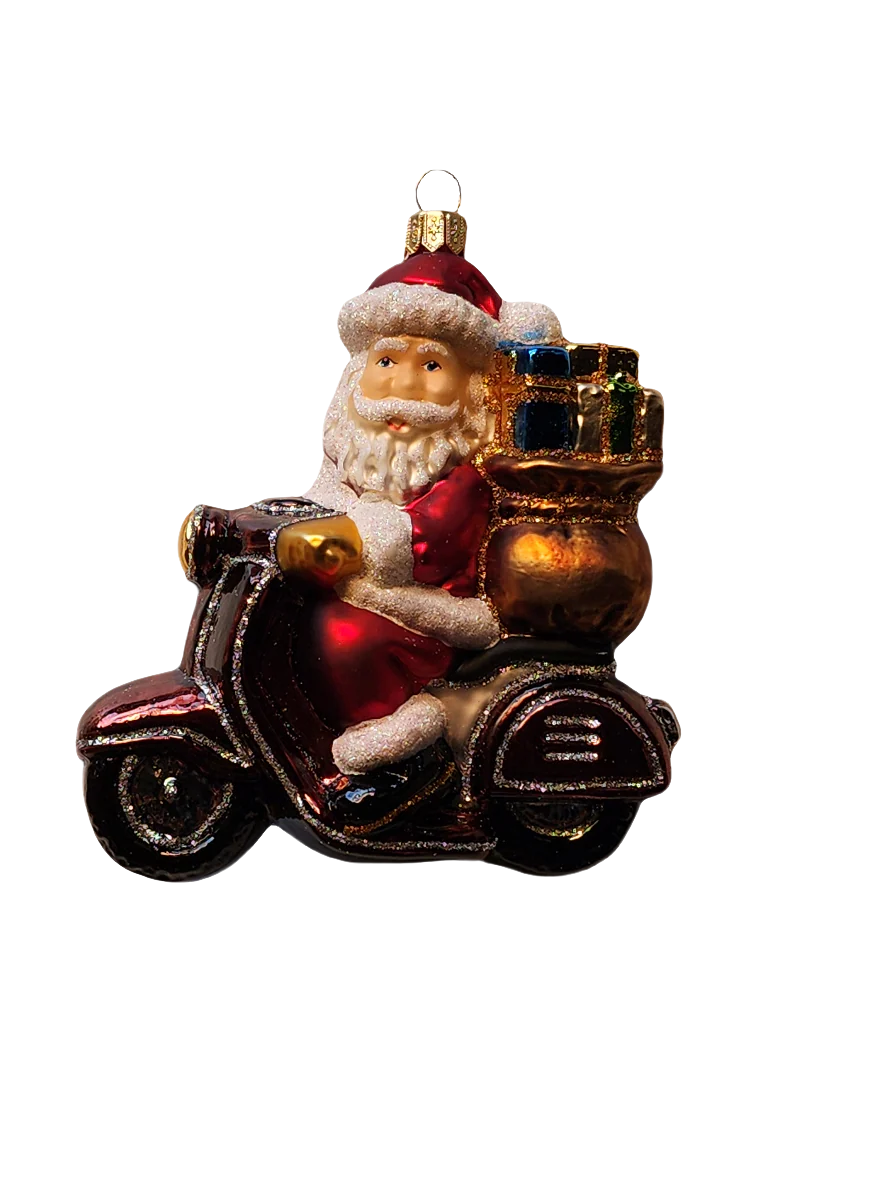 European Glass Christmas ornament of a Santa | on Vespa (Y)