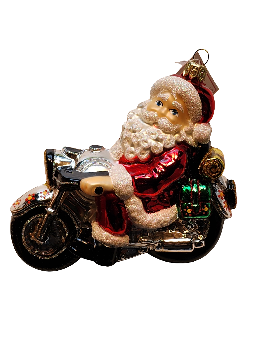 European Glass Christmas ornament of a Santa | on Motorbike (X)