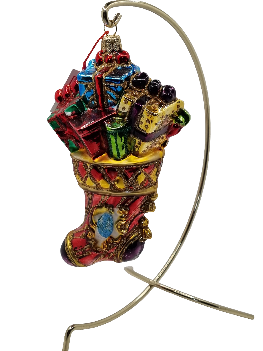 European Glass Christmas ornament of a Stocking with Presents (X)