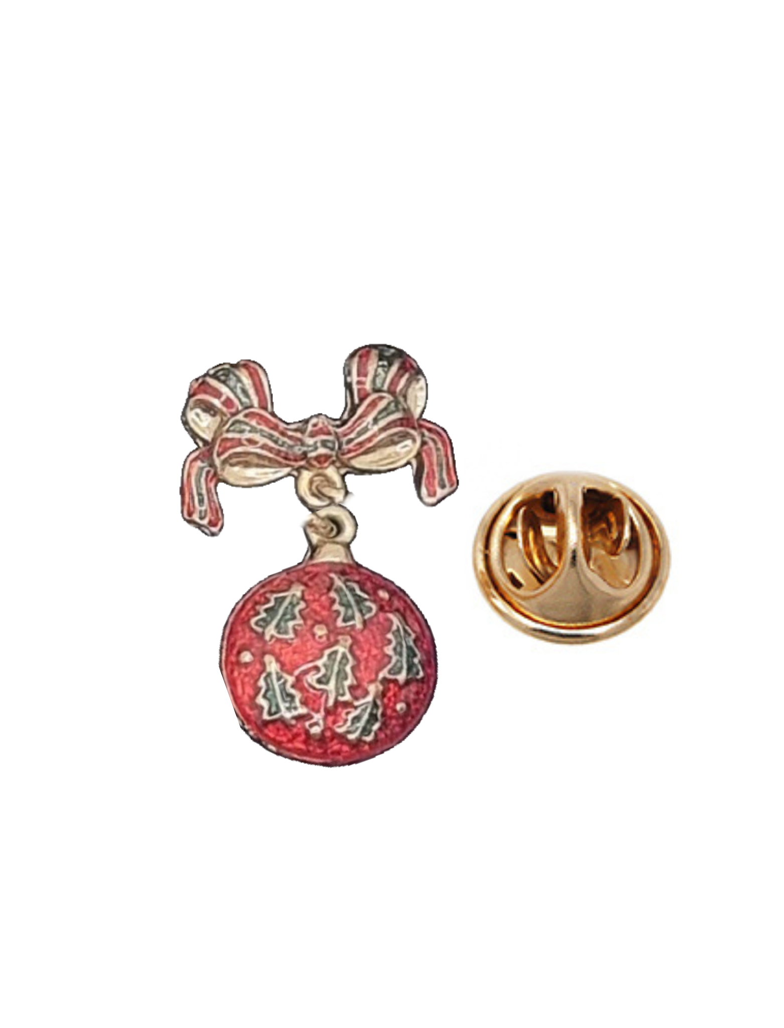 European Glass Christmas ornament of a Dangle Red Ball with Green Trees | Pins