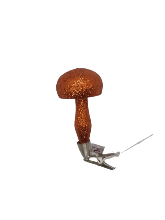 European Glass Christmas ornament of a Mushroom | Single Clip Orange Sparkle (C)