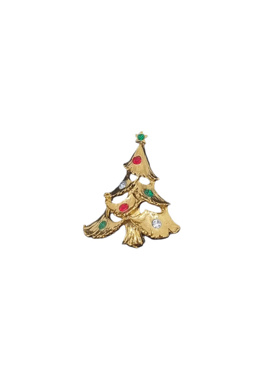 European Glass Christmas ornament of a Gold Tree Red & Green Crystal Baubles with Green Star| Brooch IV