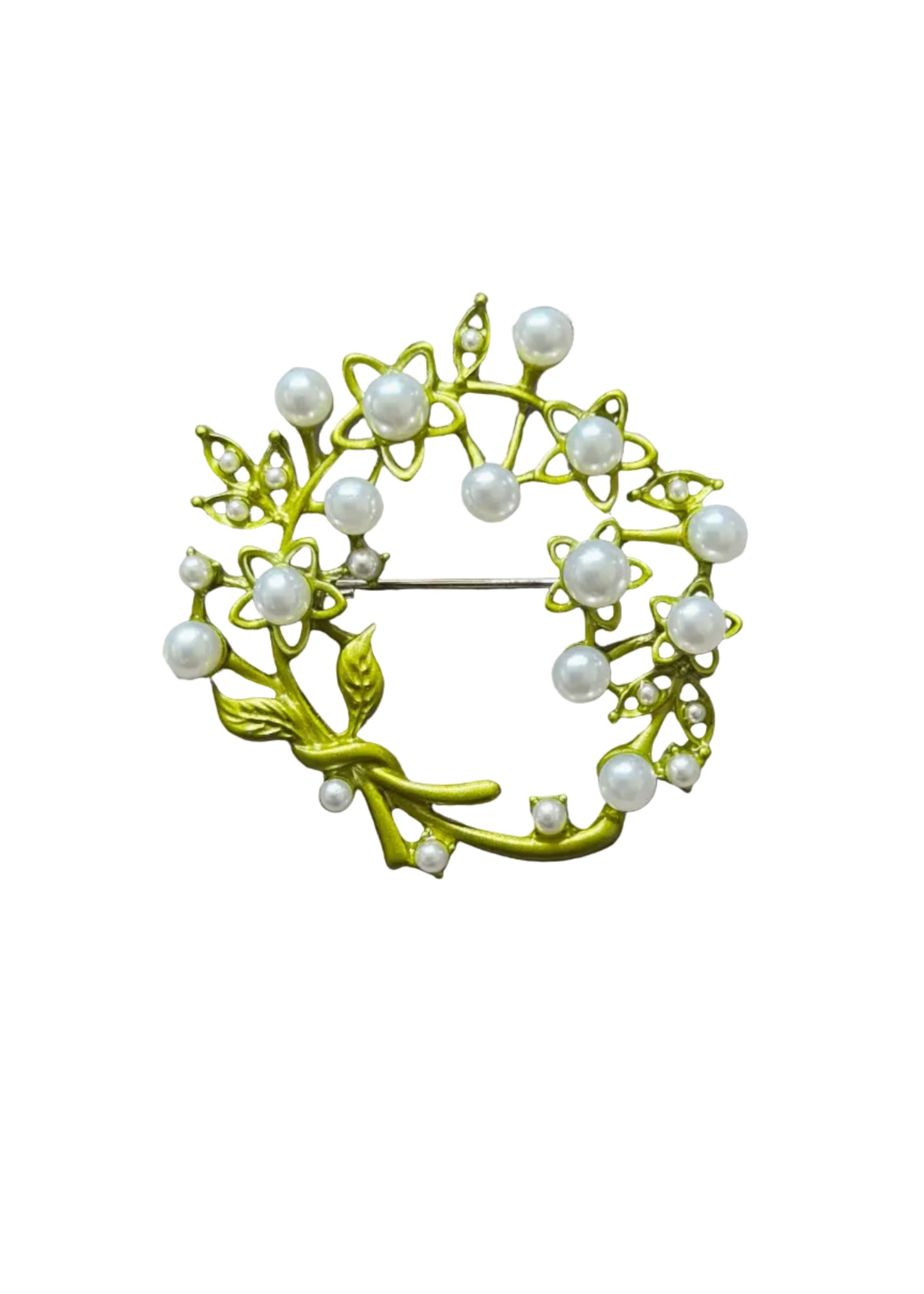 A vintage-style brooch featuring a bright yellow-green metal vine and leaf design adorned with small white faux pearls.