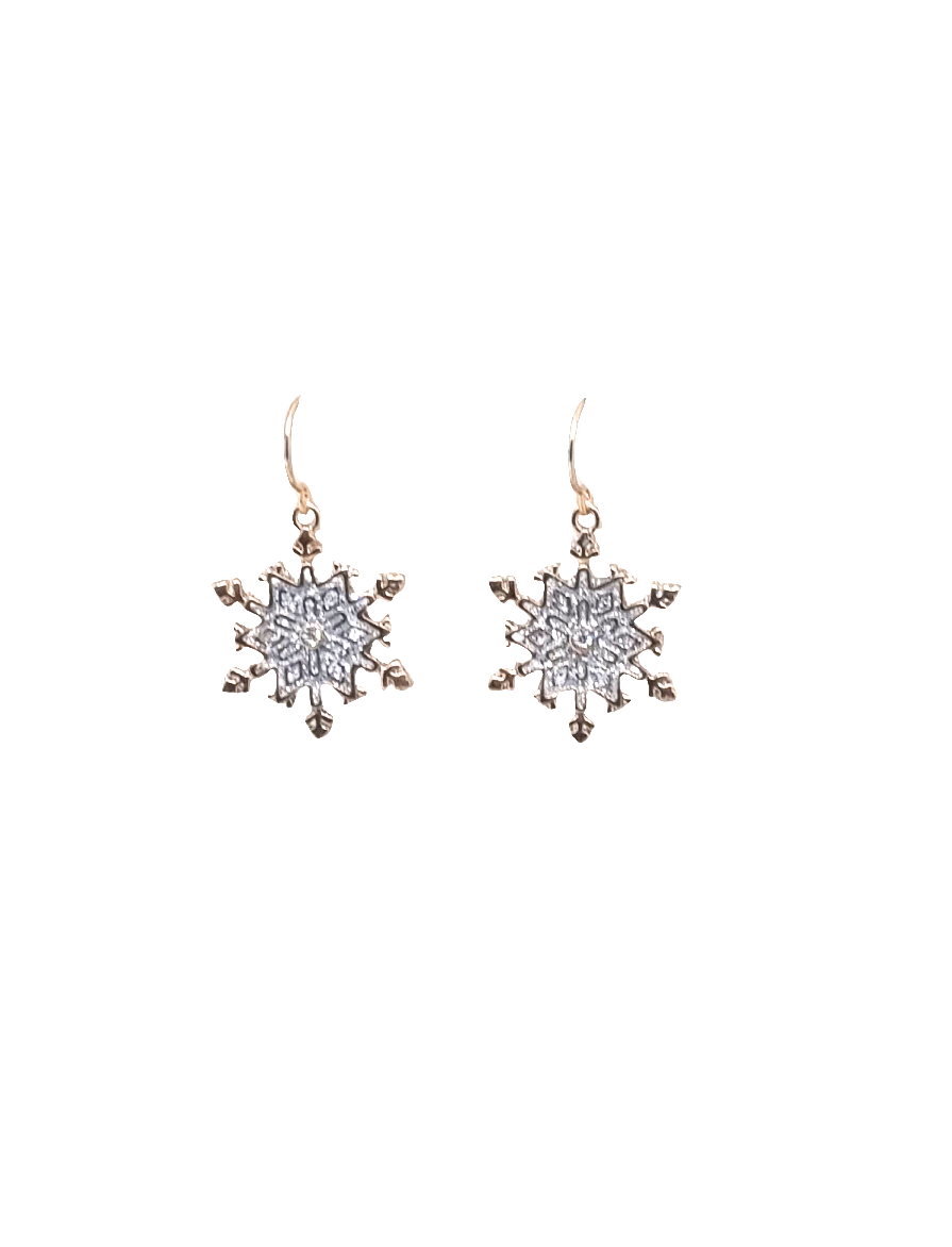 European Glass Christmas ornament of a Diamond Inside Gold Tip Snowflakes | Earrings