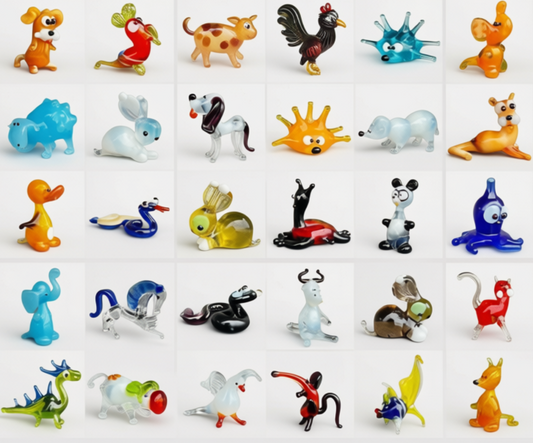 A grid of small colorful animal figurines on a white background, including a dog, rooster, cow, lion, duck, rabbit, sun, bear, turtle, snake, frog, cat, and other cartoon-style creatures.