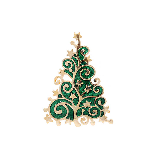 European Glass Christmas ornament of a Green Christmas Tree with Gold Swirls | Brooch V