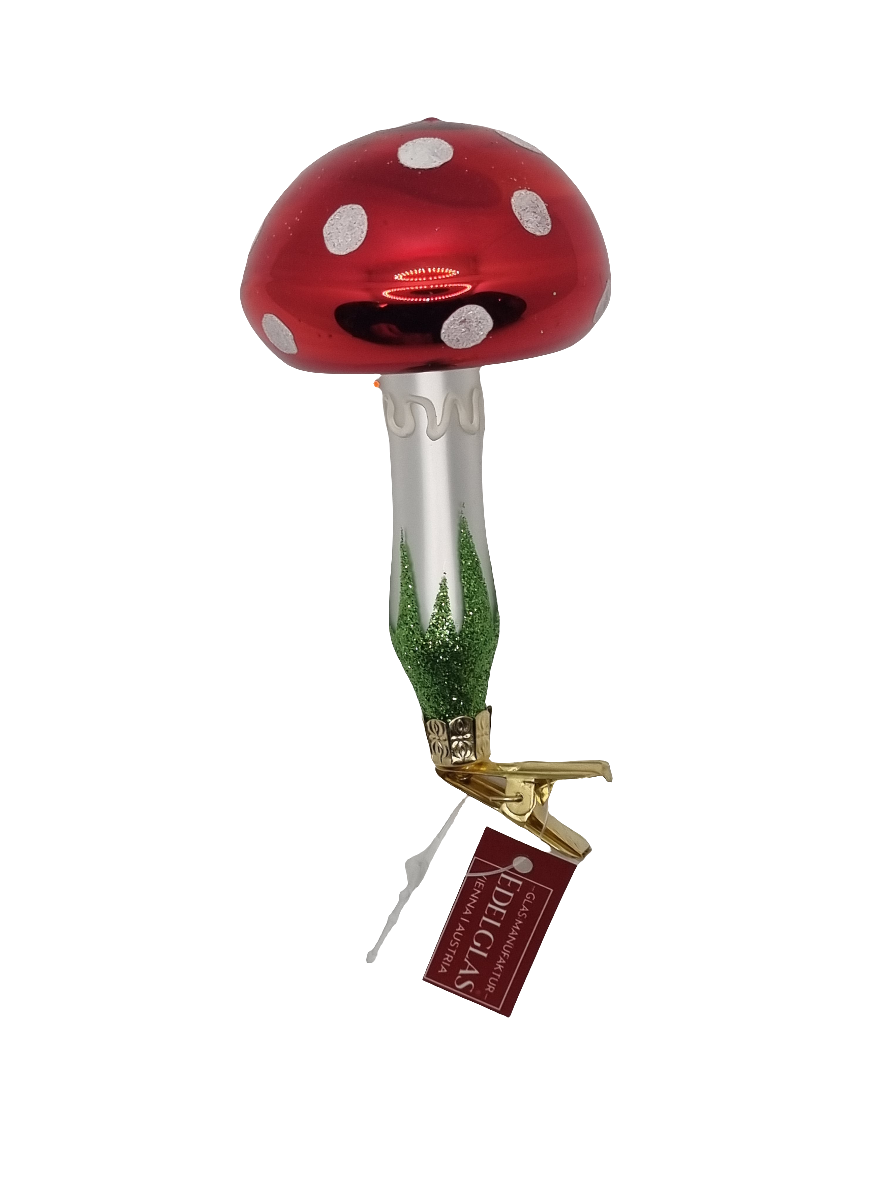 European Glass Christmas ornament of a Mushroom | Large on Clip (N)