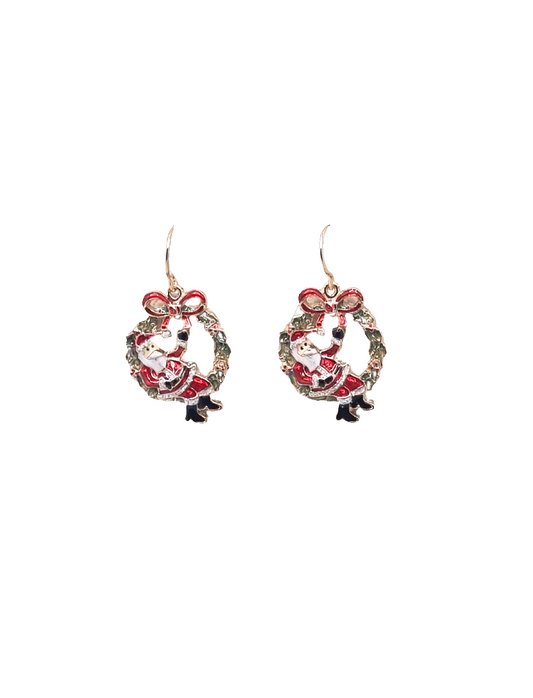 European Glass Christmas ornament of a Santa In Wreath | Earrings