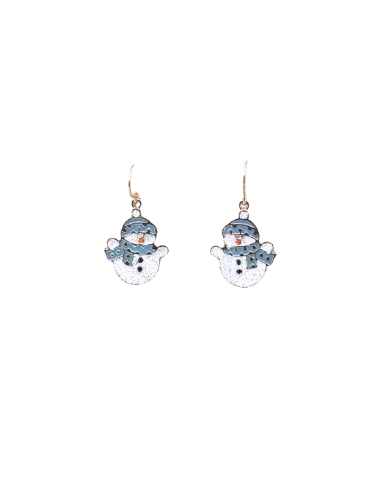 European Glass Christmas ornament of a Sparkle Snowman with Blue Scarf