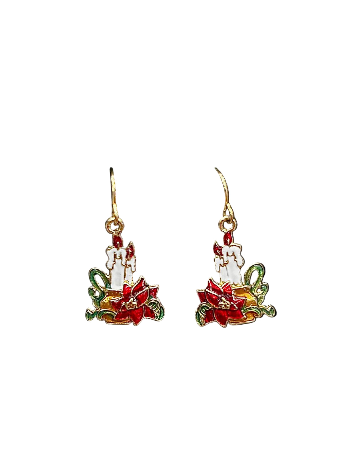 Pair of earrings with a design of a candle and poinsettias 