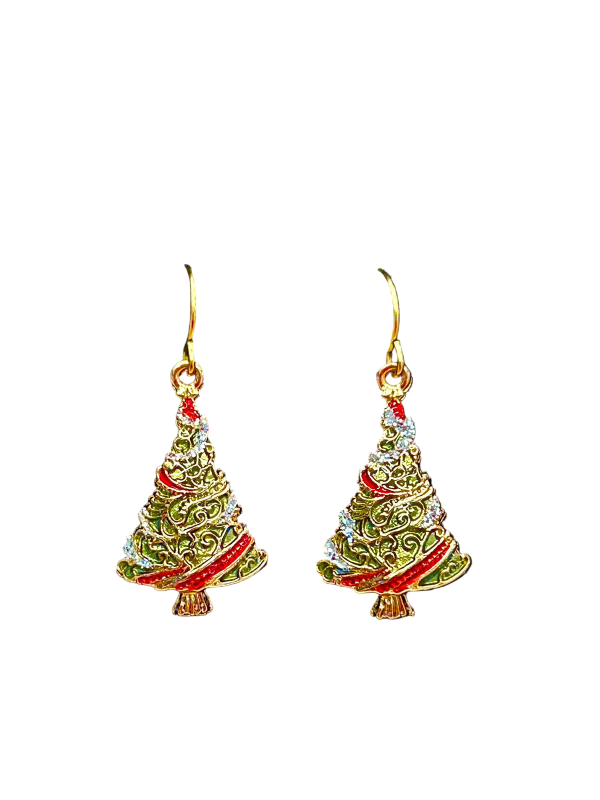 Christmas tree-shaped earrings with red and silver tinsel