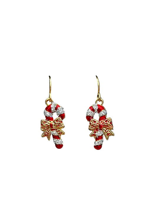 Candy cane-shaped earrings with red and white stripes and gold accents 