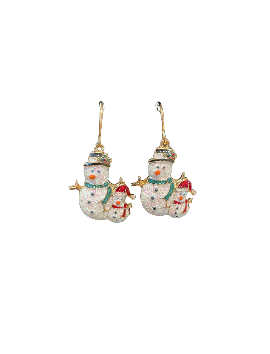 European Glass Christmas ornament of a Double Snowman Sparkle | Earrings