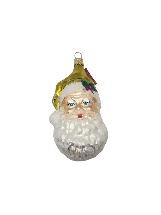 European Glass Christmas ornament of a Santa Gold Holly Hat (D)