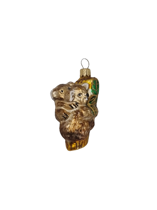 European Glass Christmas ornament of a Koala family on branch (L)